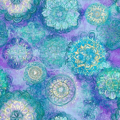 108'' Quilt Backing Fabric Cotton By the Yard Medallion Mystic Violet Teal