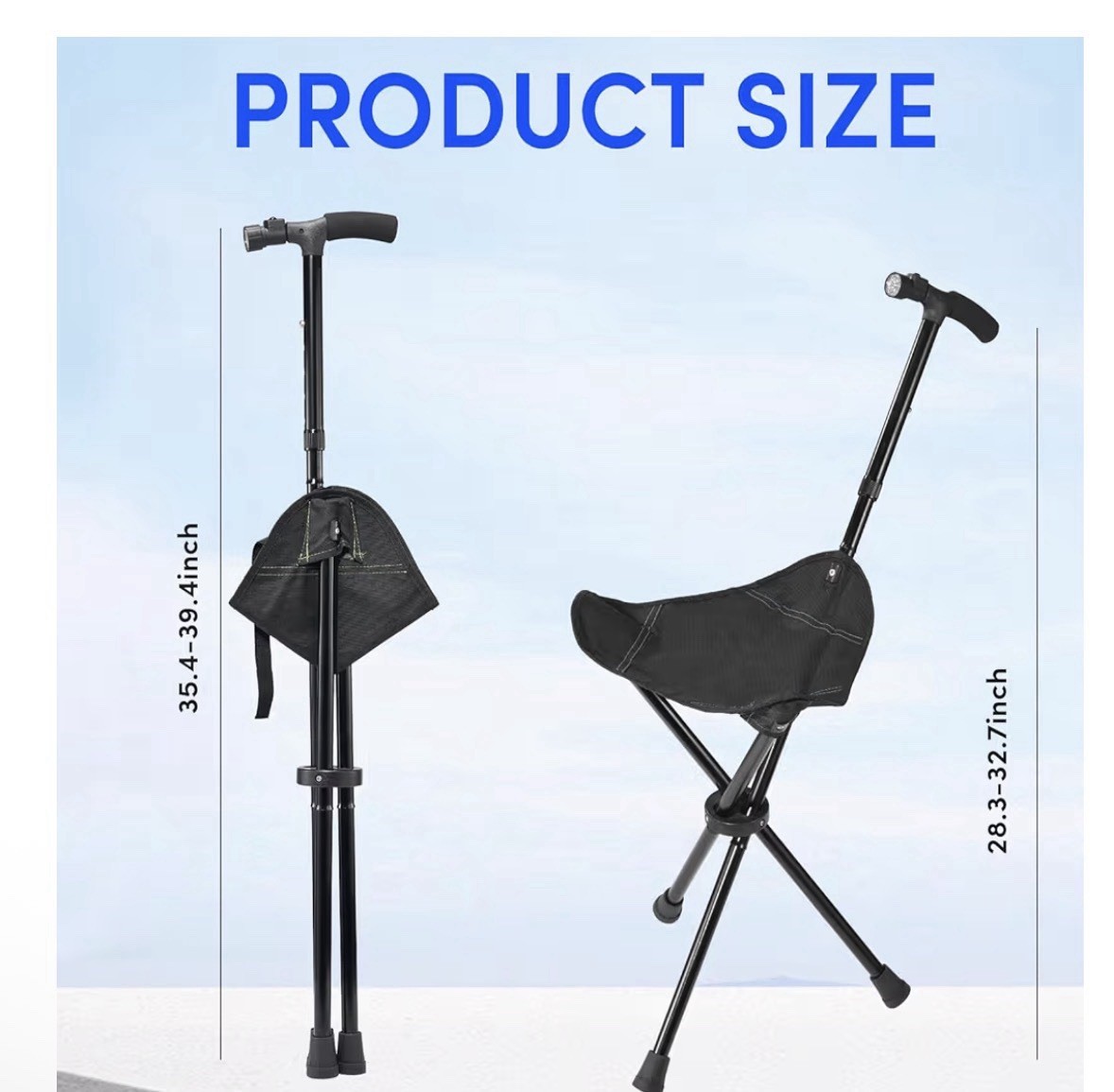 Cane with Seat Foldable Lightweight Walking Stick with LED Light Adjustable