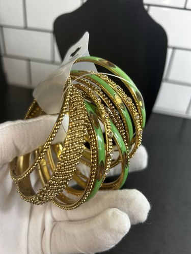 Tamina by Stella Gold‑Tone Bangle Bracelet Set Green Enamel Fashion Jewelry