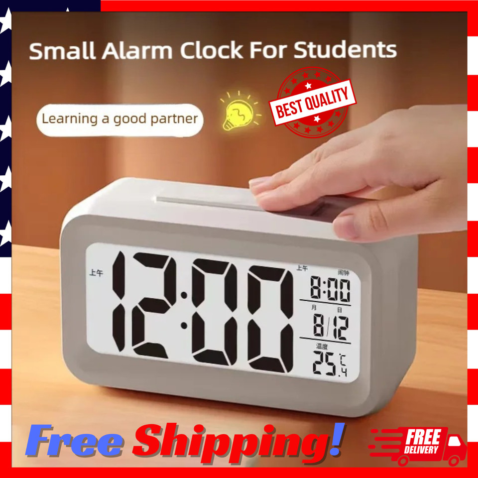 LED Digital Alarm Clock Snooze Backlight Calendar Time Display Table Desktop