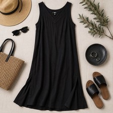 DKNY Linen Blend Maxi Dress Black Sz L Sleeveless Split Sides V Neck Minimalist