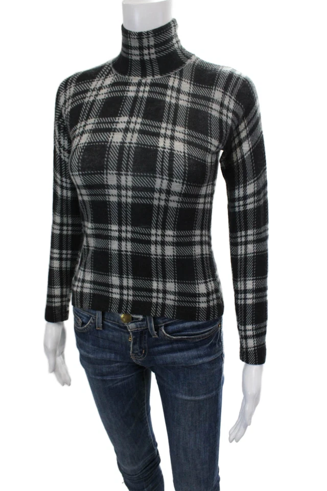 Otoño Cachemira Mujer Cachemira Manga Larga Cuadros Cuello Simulado Top Negro Talla XS Foto 2 de 4