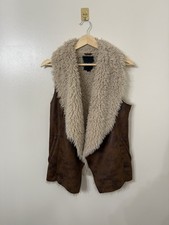 Maurices Brown Tan Cream Faux Suede Sherpa Trim Open Vest Boho Hippie Size S