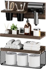 3-Tier Rustic Wood Bathroom Shelves Wall Mounted with Hair Dryer Holder