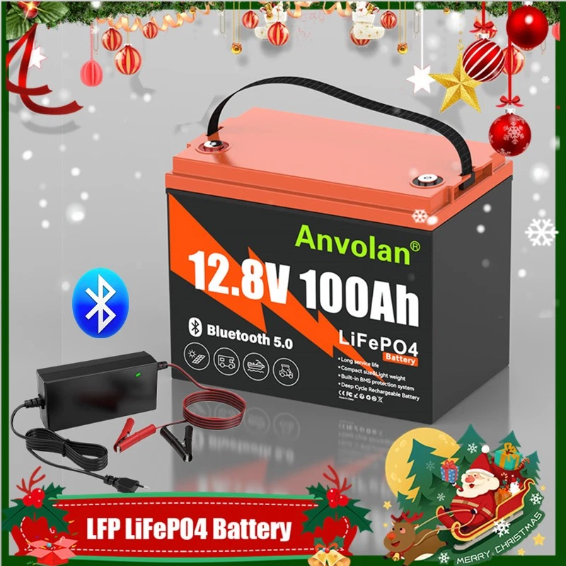 ANVOLAN Batería Solar LiFePO4 100Ah Bluetooth 12V Batería Litio 12V 100Ah BMS 100A