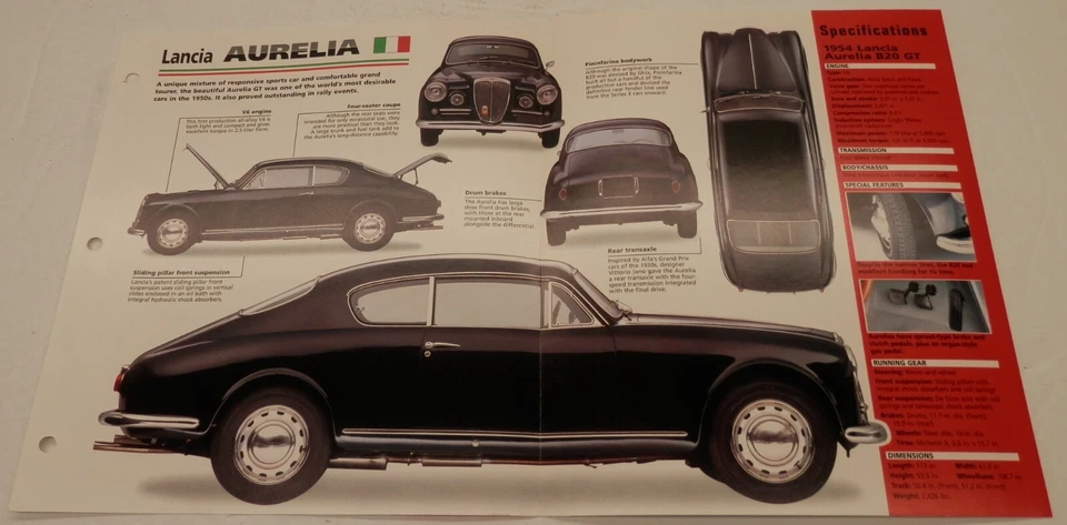 Folheto Lancia Aurelia 1951-1958 '54 B20 GT layout fotos folha de especificações IMP HOT CARS - Imagem 2 de 2