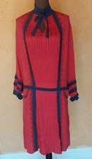 Fantastic 1920S, Red Silk And Navy Blue Embroidery, Drop Waist, Dress Sm Med