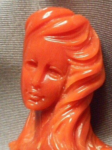 1960s Italian Carved Orange Coral Head of Young Lady for Pendant - needs bale - Picture 6 of 10