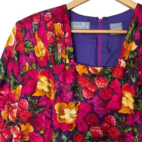 Liz Claiborne Gr. 16 100 % Seide Blumen Etuikleid Langarm eckiger Ausschnitt - Bild 3 von 5
