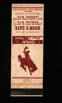 Dunn's Cafe Great Rodeo Graphic Bull Rider Rawlins WY Vintage Matchbook