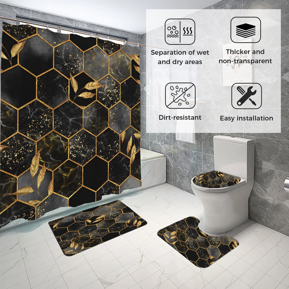 4pcs Bathroom Shower Curtain Set with Rugs(Bath Mat,U Shape&Toilet Lid Cover Mat - Image 3 of 4