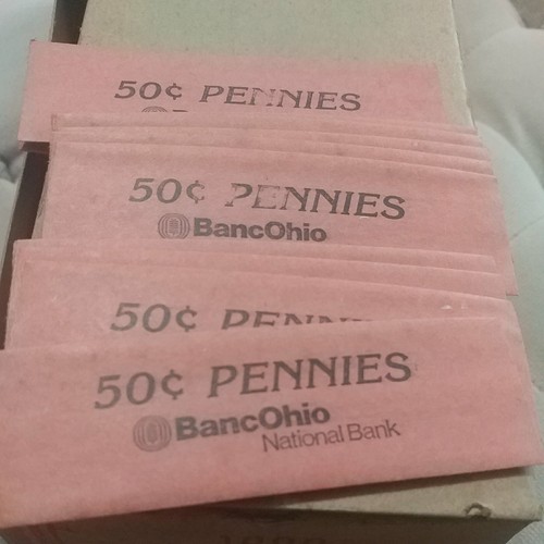 Tubular coin wrappers50 cent pennies stamped Banc Ohio (defunct)box