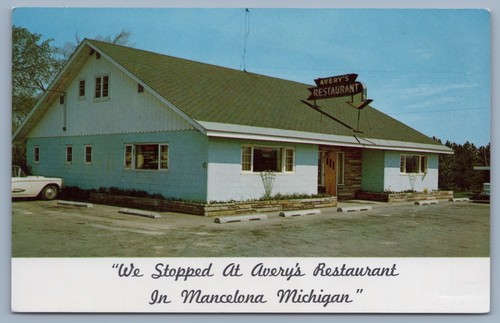 Mancelona Michigan MI Postkarte Avery's Restaurant Außenbeschilderung um 1960 - Bild 1 von 2