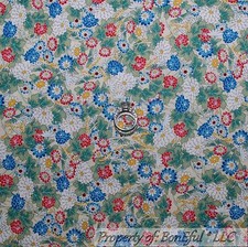 BonEful Fabric FQ Cotton Quilt White Pink Blue Green Leaf Flower Easter VTG SALE
