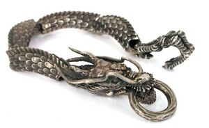 ANTIQUE ASIAN CHINESE SILVER DRAGON BIKER BRACELET HEAVY 93 GRAMS CLAW 8" RARE !