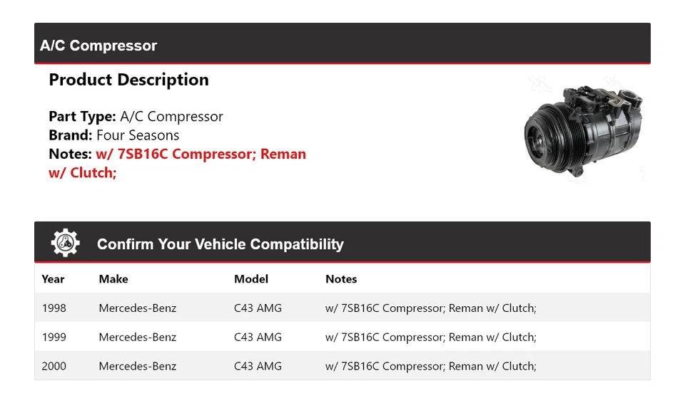 Compresor de aire acondicionado para Mercedes-Benz C43 AMG 1998-2000 4 estaciones 1999 Foto 2 de 4