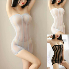 Womens Fishnet Bodysuit Striped Tube Tops Skirt Sleepwear Nightdress Underwear