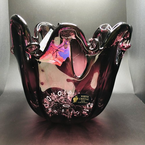 Italian White Crystal New Hand Blown Art Glass Amethyst Large Vase Centerpiece - Picture 11 of 11
