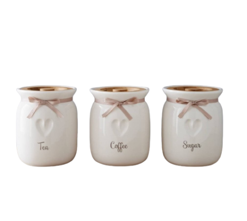 White Heart Style Tea Coffee Sugar Jars with Pink Ribbon Trim