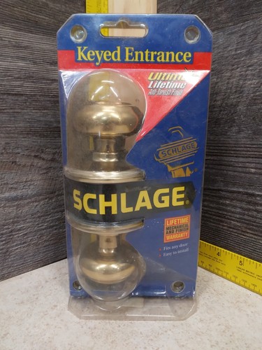NOS Schlage F51 V4 GEO 505 60 5 Keyed Entrance Entry Door Knob Set, Bright Brass