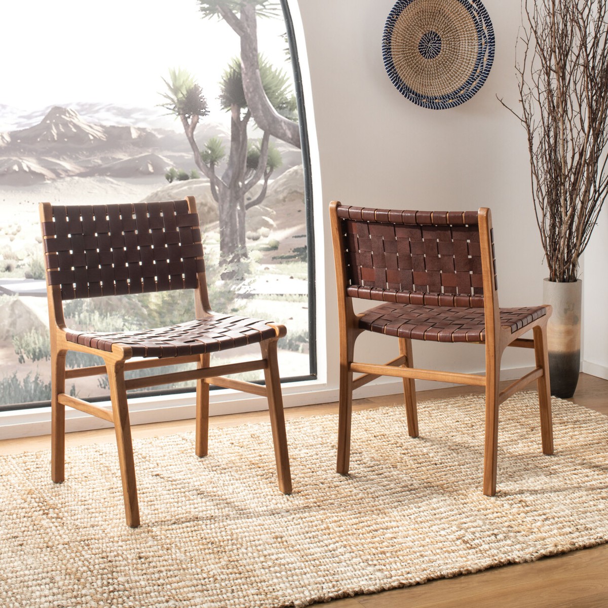 SAFAVIEH Taika Woven Leather Dining Chair Set of 2 | Cognac