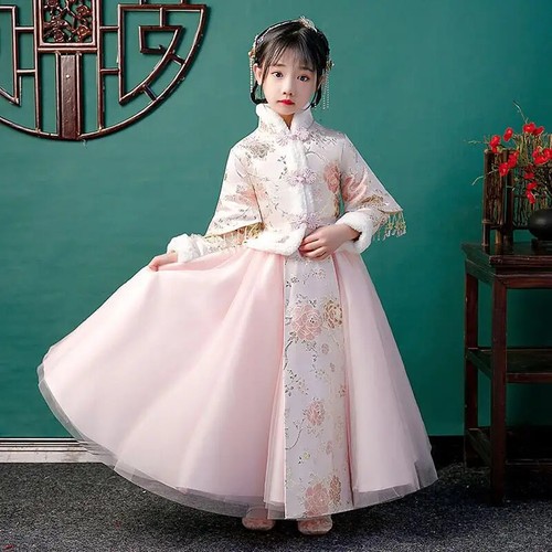 Winter Warm Embroiderd Girl Hanfu Chinese Tradition Wedding Flower Girl Dress - Picture 12 of 35