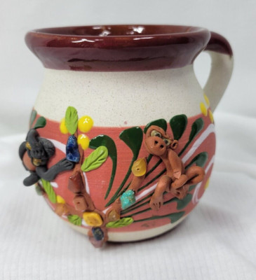 Mexican Hand Painted 3-D Applied Clay Monkey's & Stones Folk Art Stoneware Mug