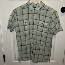 Patagonia Mens Organic Cotton Button Up Casual M Blue Cream Plaid Short Sleeve