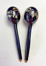 Pair Of Wood Maracas Percussion Instruments Carved Wood Hand Painted Flowers