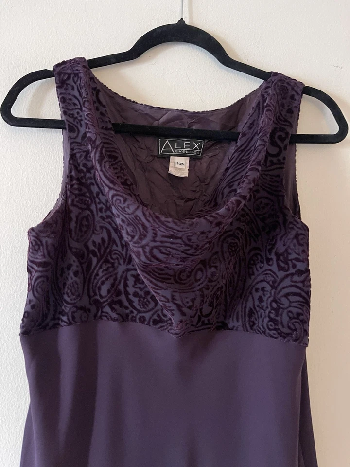 Vestido De Colección Alex Noche Terciopelo Burnout Cuello Drapeado Cabrichoso Años 90 Y2K Púrpura 14P Foto 4 de 4