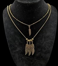 Gold Tone Feather(4) Necklace Double Stranded Jewelry 28-32"L