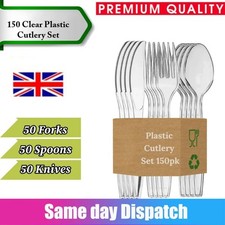 150 Set Heavy Duty Clear Disposable Plastic Cutlery Spoons Forks Knives Reusable