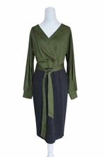 NWT Grace Karin Wrap Midi Dress Medium Olive Green Navy Colorblock Tie Waist