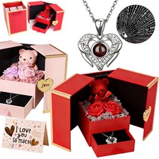 Valentine's Day Gift Romantic Bears Real Rose Gift Box With Necklace Anniversary