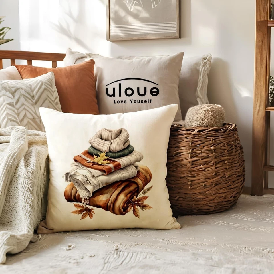 4PCS Fall Pillow Covers 18x18 Inch Maple Tree Umbrella Cozy Scarf Harvest Decor - Image 4 of 4