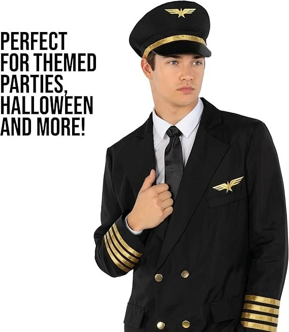 Schwarzes Pilot Kostüm Herren Fluglinienpiloten Uniform Karneval Halloween M-3XL - Bild 4 von 4