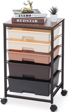Utility Cart with 5 Drawers,Storage Drawer Wooden Dark Brown 