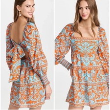 Alice + Olivia Tiered Square Neck Rowen Babydoll Dress Tie Back Women's Small