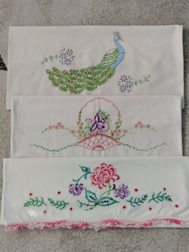LOT of 3 Embroidered Vintage Pillowcases Flowers Lace Peacock