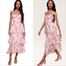 Lulus Immaculate Cutie Light Pink Floral Sleeveless Tiered Midi Dress Sz XS
