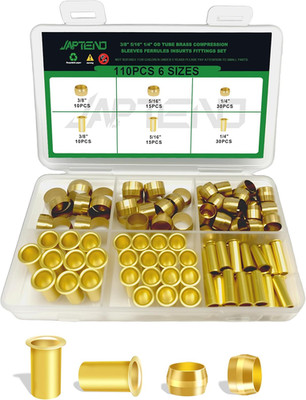 110pcs Brass Compression Sleeves Ferrules Inserts Fittings Assortment Kit, 3/8''