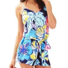 Lilly Pulitzer Deanna Floral Sleeveless Shorts Romper Pink Blue Small B16
