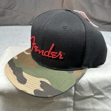 Fender Guitar Black Camouflage Snapback Flatbill Hat Red Spaghetti Logo NWT