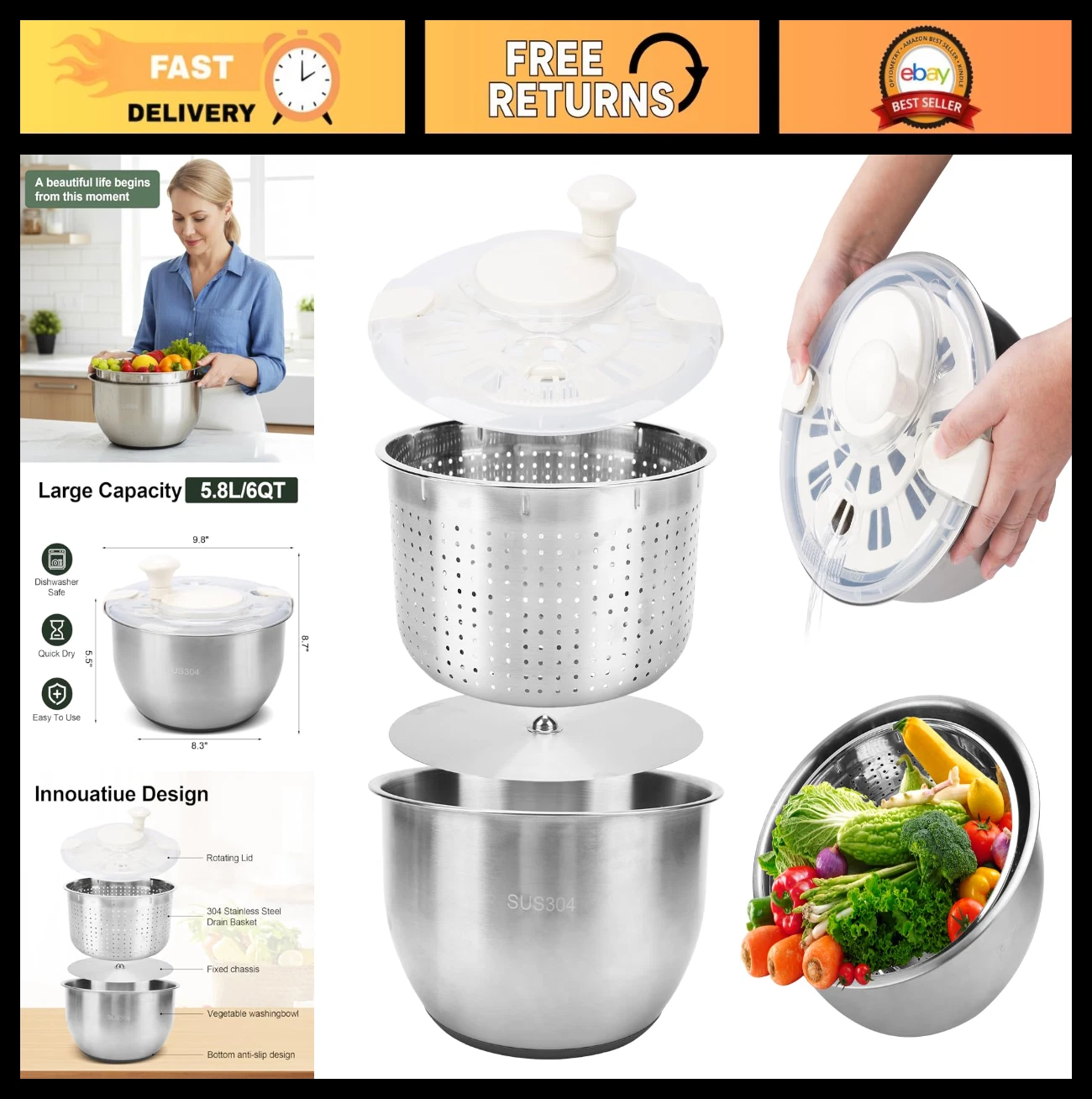 6 QT Stainless Steel Salad Spinner & Fruit Washer, Non-Slip Base, 3-in-1 Veg Was
Opens in a new wind