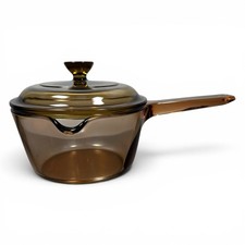 Vintage Corning Ware Visions Amber Glass 1 L Pour Spout Sauce Pot with Lid, USA