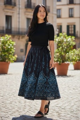 Axara Made in France Long Navy Teal & Gold Boho Hippie Skirt Cotton Size 8