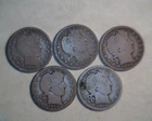 5  BARBER QUARTERS,   1897,1898,1899,1914,1915, BELOW SILVER VALUE
