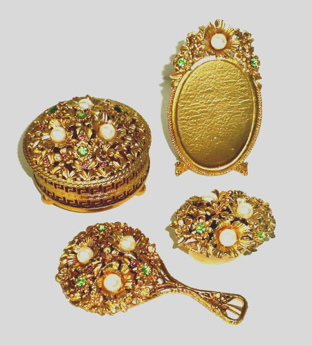 Vintage 4 Pieces Signed FLORENZA Vanity Set Trinket Ring Pill Boxes Mirror Frame