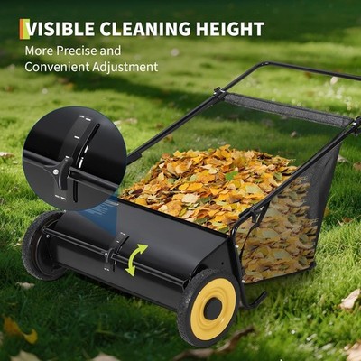 GRAVEE 26'' Push Lawn Sweeper w/ 7 cu ft Bag Dual Spinning Brushes Grass Leaf