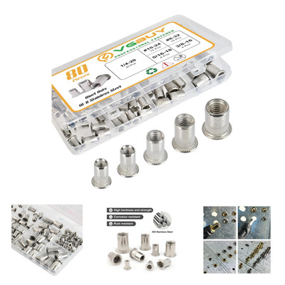 80Pcs Rivet Nut Kit Stainless Steel SAE Sizes Assortment 8-32 10-24 1/4-20